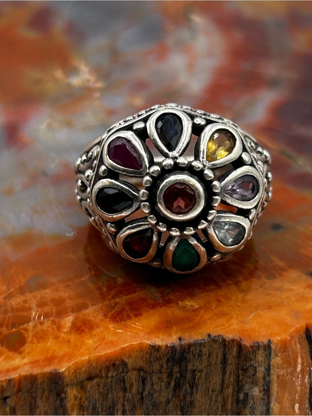 Sterling Silver Multi Gemstone Ring - Size 7